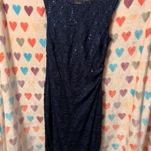 Formal Evening Lace Dress Navy Sleeveless R&M Richards 14W - Picture 2 of 5